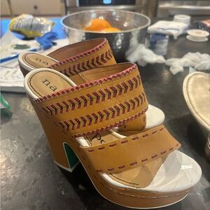 Nanette Lepore Tan and White Heels with Patterned Straps